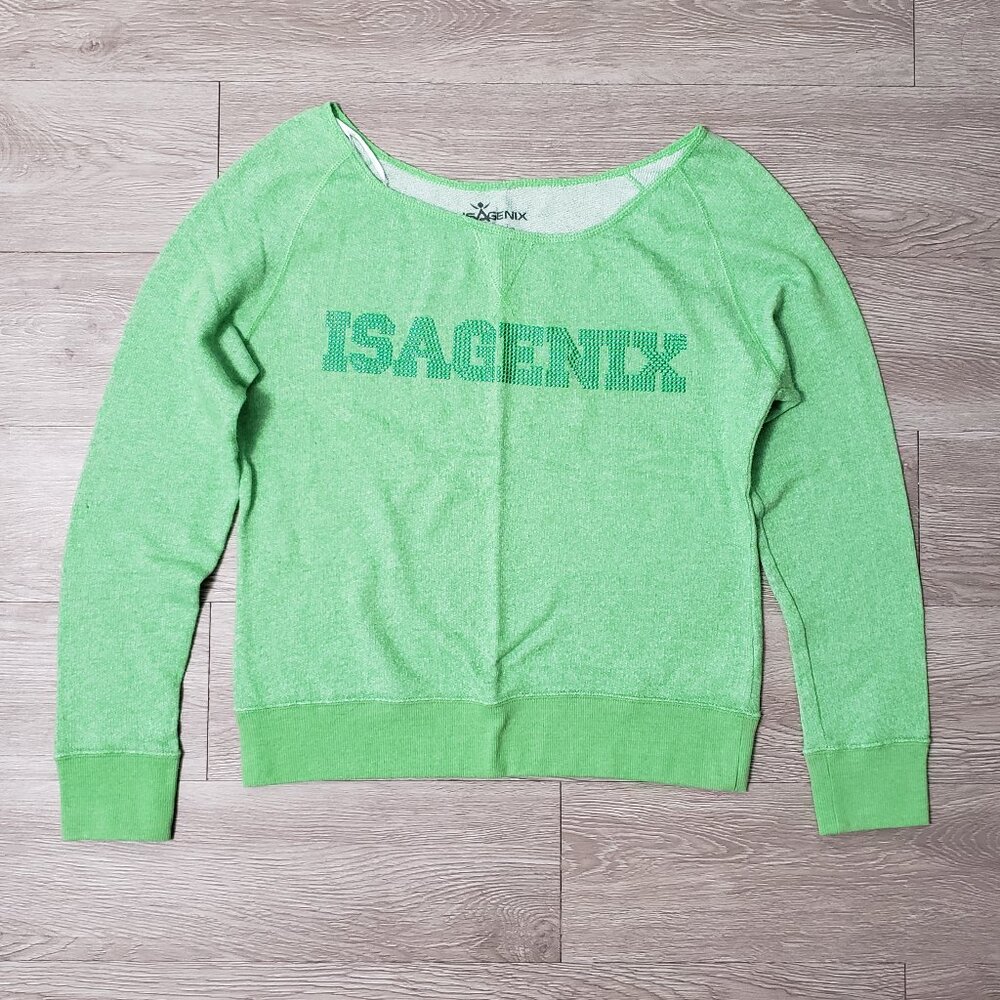 Isagenix green metallic stud logo long sleeve sweater size Large stretch